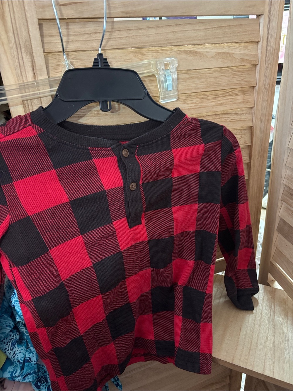 Boy’s Red and Black Buffalo Plaid Henley Shirt 5T